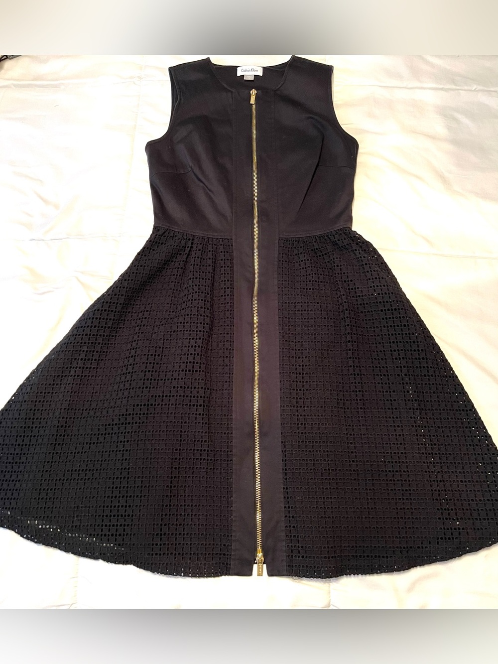 Calvin Klein Black Sleeveless Midi‎ Dress with Gold Front Zip